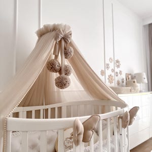Canopy Bed, Baby Baldachin, 4 Pompoms Garland, Metal Handle, Baby Crib Canopy, Bed Baldachin, Crib Canopy for Kids Room, Tulle canopy