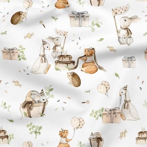 Rest 79 cm Birthday party of animals Premium Cotton Fabric, Baby Fabric, Goose, squirrel, mouse, birthday cake, balloons Birthday of animals
