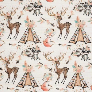 May include: A seamless pattern featuring a white background with illustrations of a deer, fox, raccoon, and a teepee. The illustrations are in watercolor style with pink, brown, and gold accents.