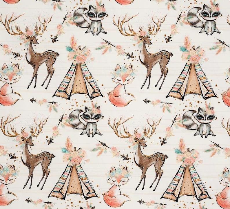 May include: A seamless pattern featuring a white background with illustrations of a deer, fox, raccoon, and a teepee. The illustrations are in watercolor style with pink, brown, and gold accents.