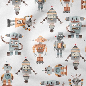 Peut inclure: Tissu blanc avec un motif répété de robots à l'aquarelle dans diverses poses. Les robots sont principalement gris, orange et bleu, avec des détails comme des antennes, des cadrans et des roues. Le design est fantaisiste et ludique, adapté aux articles pour enfants.