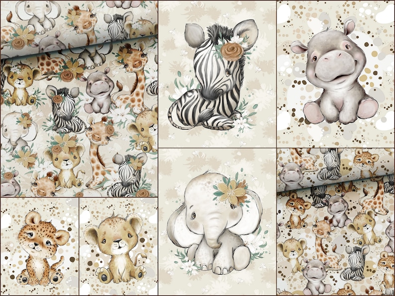 African wild safari animals Sweatshirt fabric, stretch Knitwear, French terry knit fabric, cotton knitwear Savannah animals, digital print image 5