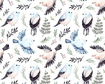 Autumn Birds Cotton Fabric, Lovely Birds, high quality premium cotton, Romance Blue and Pink Birds Fabric 50x160cm/0.55yd