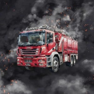 Brandweerwagen, brandweer. Lusgebreide sweatshirtstof voor kinderen. Lusgebreide stof. Rekbare gebreide stof, gebreide kleding voor jongens.