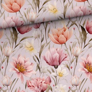 Tejido de punto jersey sencillo con flores en color rosa pastel, jersey de algodón, jardín de flores, jardín romántico, jersey de flores, impresión digital