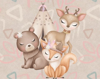 Boho animals in boho forest Sweatshirt fabric, stretch Knitwear, French terry knit fabric, cotton knitwear, forest friends