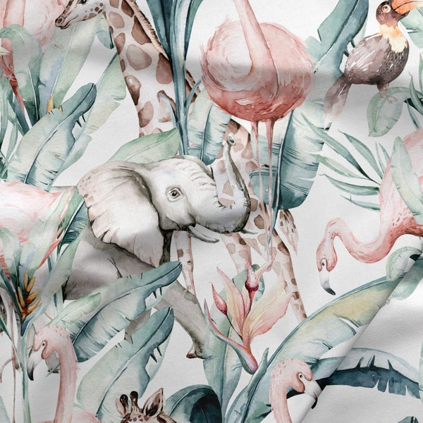 Jungle fabric, Safari Animals Cotton Fabric, African animals, savanna fabric, elephant, flamingo, toucan, giraffe, tropical premium cotton