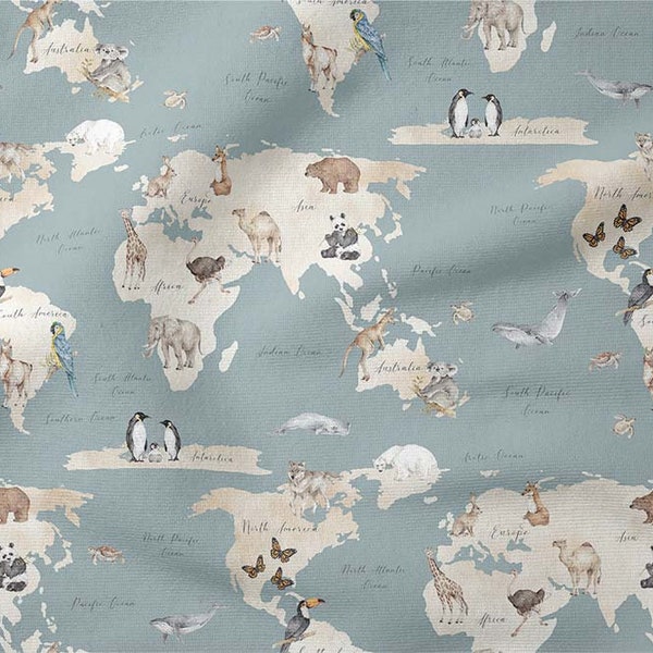 Animalsworld, Travel Fabric, World Map with Animals Premium Cotton Fabric, baby fabric, Continents Fabric, animals in world, Digital Print