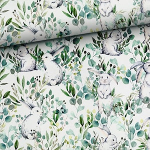 Eucalyptus leaves, Bunnies in leaves muslin, Bamboo Muslin, Bamboo Viscose, Swaddle Muslin Fabric, Nursery Decor Bedding