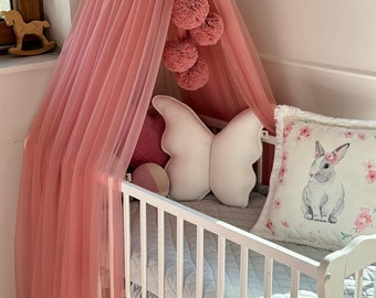 Tyllhimmel för barn, 2 stora pompoms, metallhandtag, himmel till babysäng, tyllhimmel till barnrum