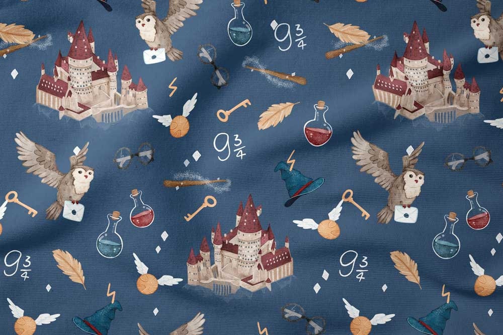 School of Magic Beige Background Premium Cotton Fabric, Wizard Fabric,  Magic Owl, Hocus Pocus Baby Fabric, Pattern Inspired by Harry Potter 