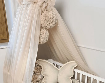 Dreamy Baby Baldachin, Big Pompoms Garland, Metal handle, Baby Crib Canopy, Nursery Canopy, Bed Baldachin, Canopy Kids Room, Tulle canopy