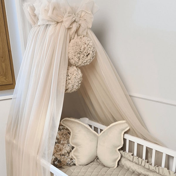 Ciel de lit en tulle pour enfant, Pompons, Structure en métal, ciel de lit pour lit bébé, ciel de lit pour chambre d'enfant en tulle