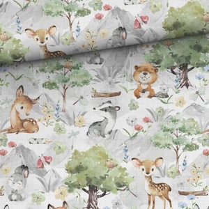 Bamboo Muslin, Bamboo Viscose, Woodland Animals Fabric, Swaddle Muslin Fabric, Forest Woodland Nursery Decor Bedding, Mountain Animals