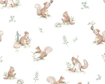 Terre d’écureuils Coton premium, Animaux forestiers sur fond blanc, Tissu coton premium, Forest Friends, Tissu pour enfants