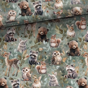 Forest kids animals Sweatshirt fabric, stretch Knitwear, French terry knit fabric panel, cotton knitwear, forest friends, woodland animals