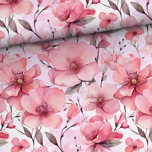 Tejido de punto jersey sencillo con flores en color rosa pastel, jersey de algodón, jardín de flores, jardín romántico, jersey de flores, impresión digital