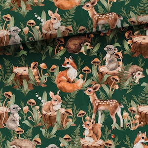 Woodland Fabric, Forest Animals Premium Cotton Fabric, Forest Friends roe deer fawn hare fox mouse hedgehog, autumn fabric 50x150cm/19,7x59"