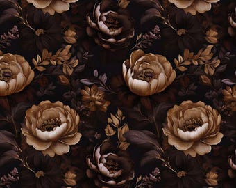 Könnte beinhalten: Ein nahtloses Muster mit einem dunklen Hintergrund und braunen und beigefarbenen Blumendesigns. Die Blumen sind stilisiert und haben eine Vintage-Ästhetik.