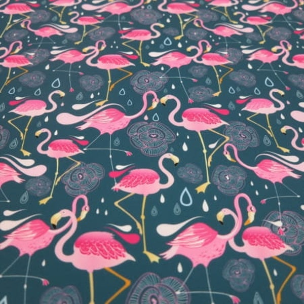 Tissu imperméable flamants roses, polyester imprégné imperméable, tissu flamants roses tropicaux, tissu extérieur 50 cm/0,55 yd