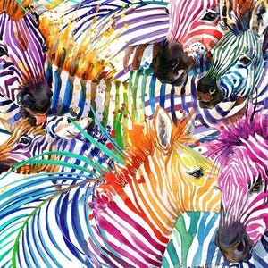 Op de afbeelding: Een aquarel schilderij van een groep zebra's met kleurrijke strepen. De zebra's zijn geschilderd in verschillende kleuren, waaronder roze, blauw, groen, geel en oranje. De zebra's zijn in een cirkelvormige opstelling geplaatst, met hun hoofden naar het midden van de cirkel gericht. De achtergrond van het schilderij is wit.