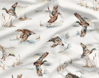 Tessuto di cotone premium Wild Ducks, anatre sul lago, cotone premium, motivo a uccelli, stampa digitale, tagliato al metro
