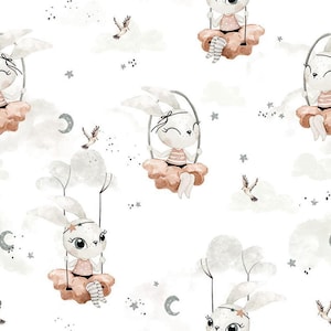 Sweet Bunnies in clouds Fabric, Bunny on swing Premium Cotton Fabric, Bunny Fabric, baby cotton fabric by the half yard 50x150cm/19,7x59"
