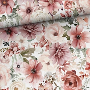 Tejido de punto jersey sencillo con flores en color rosa pastel, jersey de algodón, jardín de flores, jardín romántico, jersey de flores, impresión digital