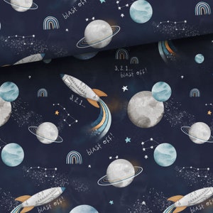 Tessuto di cotone premium Space Blast Off, tessuto per bambini, arcobaleno, razzo, pianeti, astronave, galassia, costellazione immagine 5