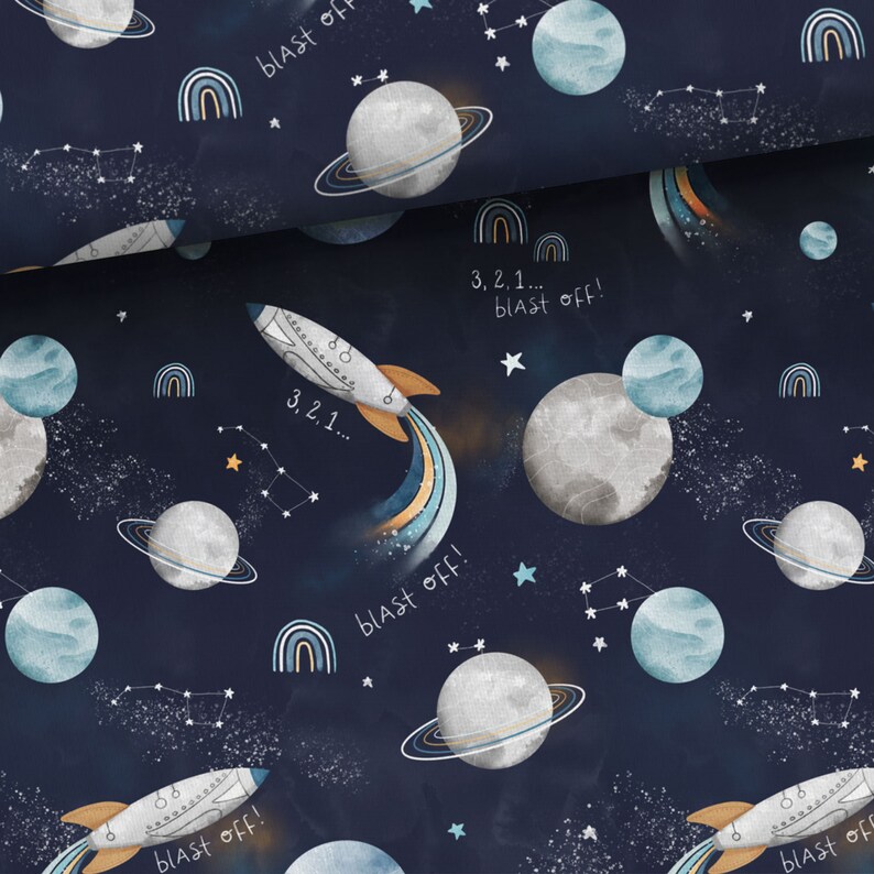 Tessuto di cotone premium Space Blast Off, tessuto per bambini, arcobaleno, razzo, pianeti, astronave, galassia, costellazione immagine 5