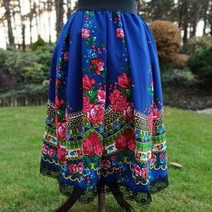 Traditionele folk rok, Poolse folk Highlander midi rok, etnische geplooide bloemenrok, Slavische rok, folk stropdas Blue