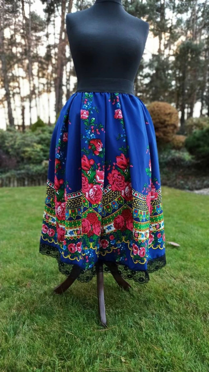 Traditionele folk rok, Poolse folk Highlander midi rok, etnische geplooide bloemenrok, Slavische rok, folk stropdas Blue