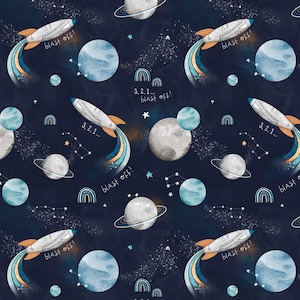 Pu&ograve; includere: Uno schema senza cuciture con razzi, pianeti, stelle e arcobaleni su uno sfondo blu scuro. Il testo "3, 2, 1... blast off!" e "blast off!" appare in tutto lo schema.