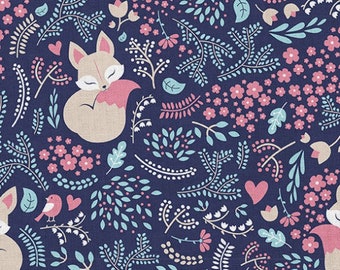 Sleeping fox navy cotton fabric, by the half yard, Woodland Fabric, sewing fabric, fox bedding material, woven fabric, forest fabric, foxes