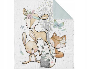 Bosavonturen katoenen stof, bosvrienden, dieren in het bos, vos wasbeer haas hert egel ree, digitale print, beddengoedpaneel