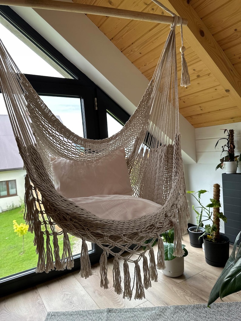 Luxury Macrame Hammock Chair, Hanging Chair, Handmade Boho Chair, Natural Cotton Hammock, Macrame Hammock, Indoor Outdoor Hanging Chair image 8