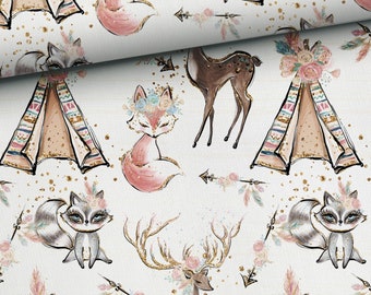 Boho Forest Animals Fabric by the half yard, Tribal Woodland Fabric for girl, Boho Animals Premium Fabric, kids fabric high quality cotton