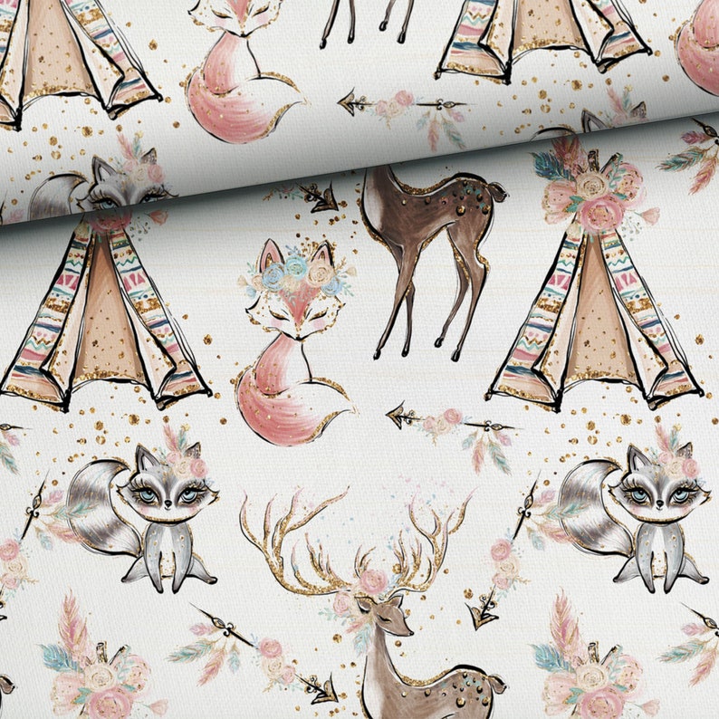 May include: A white fabric with a repeating pattern of woodland animals, teepees, and floral accents. The animals include foxes, deer, and raccoons. The teepees are decorated with gold glitter and colorful stripes. The floral accents are pink and white.