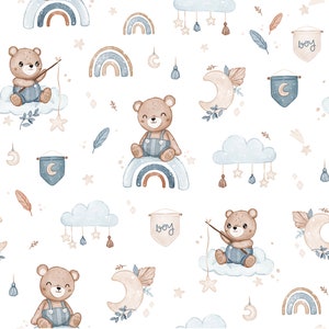 Tessuto di cotone Premium Rainbow Teddy Bears, simpatici orsacchiotti sull'arcobaleno, orsi tra le nuvole, tessuto per un ragazzo, stampa digitale in cotone premium