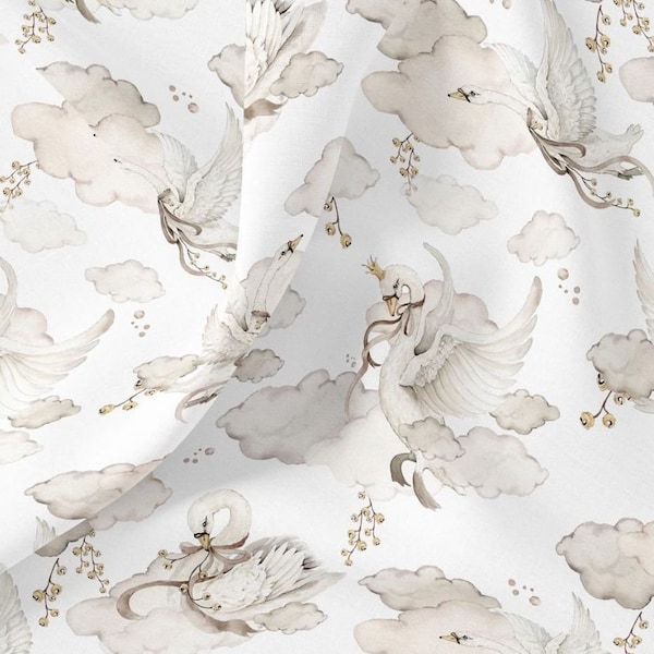 Royal Swans Premium Cotton Fabric, Swans Fabric, Natural Swans Premium Digital Print Cotton Fabric, by half yard