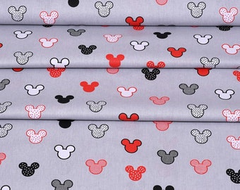 Mickey katoenen stof, kinderstof, Mickey Mouse met rode strikken, stof voor meisje, mickey mouse patroon, grijze achtergrond