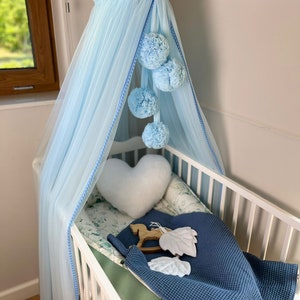 Canopy Bed, Baby Baldachin, 4 Pompoms Garland, Metal Handle, Baby Crib Canopy, Bed Baldachin, Crib Canopy for Kids Room, Tulle canopy Blue set
