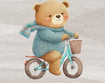 Tiere auf Fahrrädern Sweatshirt Stoff, Winterfreunde Baby Strick-Sweatshirt, French Terry Sommersweat Strick-Nähpaneel