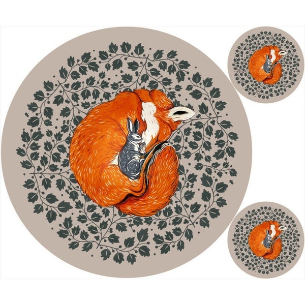 Panels for self-sewing play mat and cushion, Fox and rabbit play mat, Baby panel for the floor mat, Baby playmat, round mat, floor rug