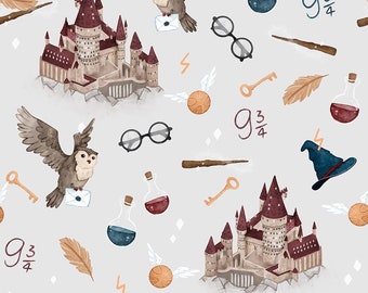 Schule der Magie beige Hintergrund, Hokuspokus Zauberer Premium-Baumwollstoff Magic Owl, Kinderstoff Muster inspiriert von Harry Potter