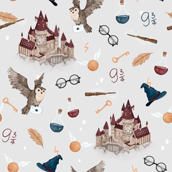 Schule der Magie beige Hintergrund, Hokuspokus Zauberer Premium-Baumwollstoff Magic Owl, Kinderstoff Muster inspiriert von Harry Potter