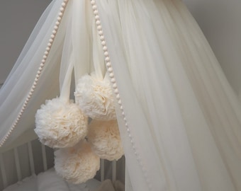 Dosel para cuna, 4 pompones, asa de metal, dosel de tul con 4 pompones para la habitación de un niño.