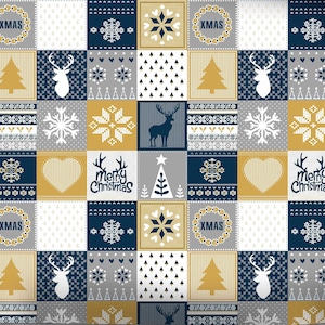 Könnte beinhalten: Ein nahtloses Muster mit verschiedenen weihnachtlichen Designs in Gold-, Weiß-, Blau- und Grautönen. Das Muster enthält Schneeflocken, Rentiere, Weihnachtsbäume, Herzen und die Worte "Frohe Weihnachten" und "Weihnachten".