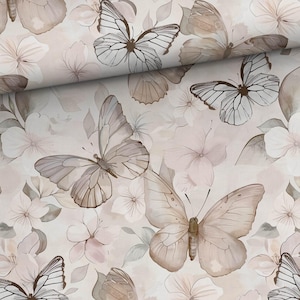 Pastel beige butterflies Bamboo Muslin Fabric, Bamboo Viscose, Swaddle Muslin Fabric, Nursery Decor Bedding, Digital Print, width 160 cm