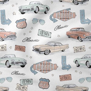 Tessuto per auto, auto retrò, tessuto di cotone premium Retro Boy's World, tessuto per ragazzi, mondo dei ragazzi, tessuto per auto retrò